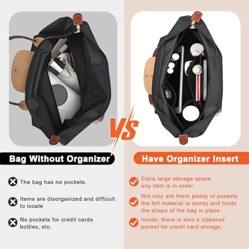 LOUKAYCCI Felt Purse Organizer Insert for Longchamp Le Pliage M Handbag, Medium Black | Keeps Bags Tidy & Protected thumbnail 3