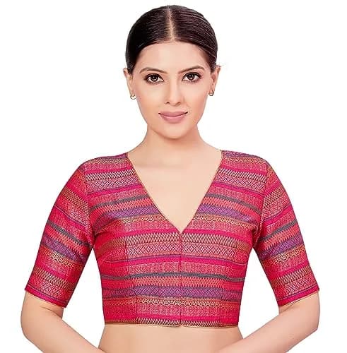 STUDIO Shringaar Women's Half Sleeve Brocade Saree Blouse (34/86cm) Multi | V-Neck, Front Opening, Non-Padded thumbnail 1