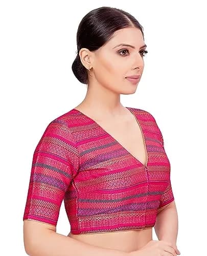 STUDIO Shringaar Women's Half Sleeve Brocade Saree Blouse (34/86cm) Multi | V-Neck, Front Opening, Non-Padded thumbnail 4
