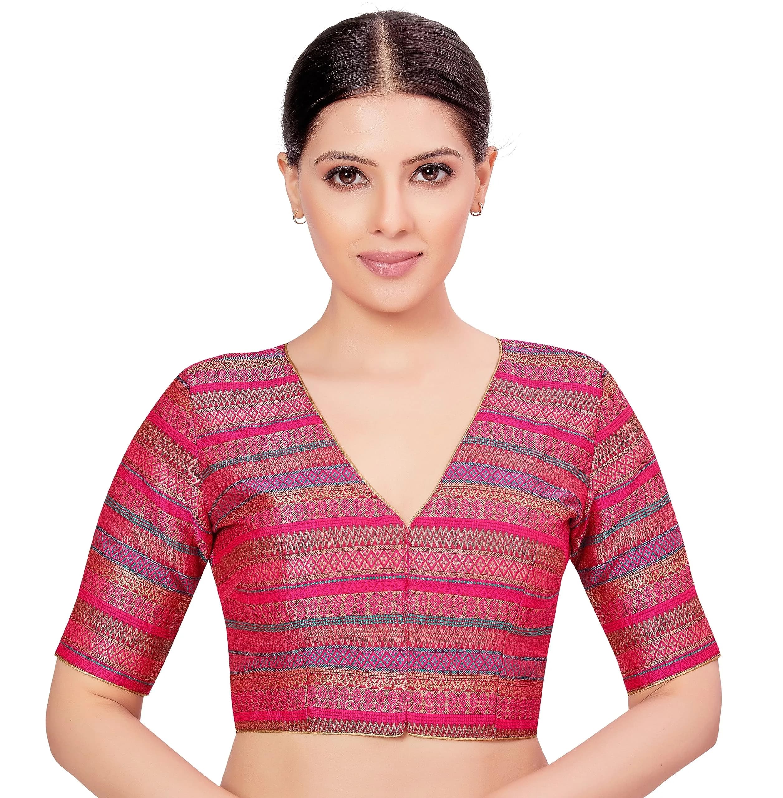 STUDIO Shringaar Women's Half Sleeve Brocade Saree Blouse (34/86cm) Multi | V-Neck, Front Opening, Non-Padded