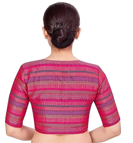 STUDIO Shringaar Women's Half Sleeve Brocade Saree Blouse (34/86cm) Multi | V-Neck, Front Opening, Non-Padded thumbnail 2