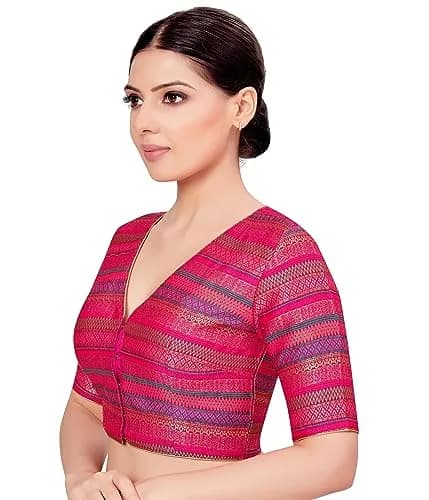 STUDIO Shringaar Women's Half Sleeve Brocade Saree Blouse (34/86cm) Multi | V-Neck, Front Opening, Non-Padded thumbnail 3