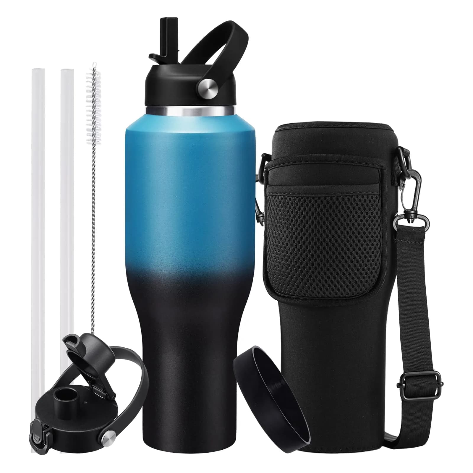 DIGJUPER 40oz Insulated Tumbler with Sleeve & 2 Lids | Keeps Cold 48 Hrs, Hot 24 Hrs — Blue&Black