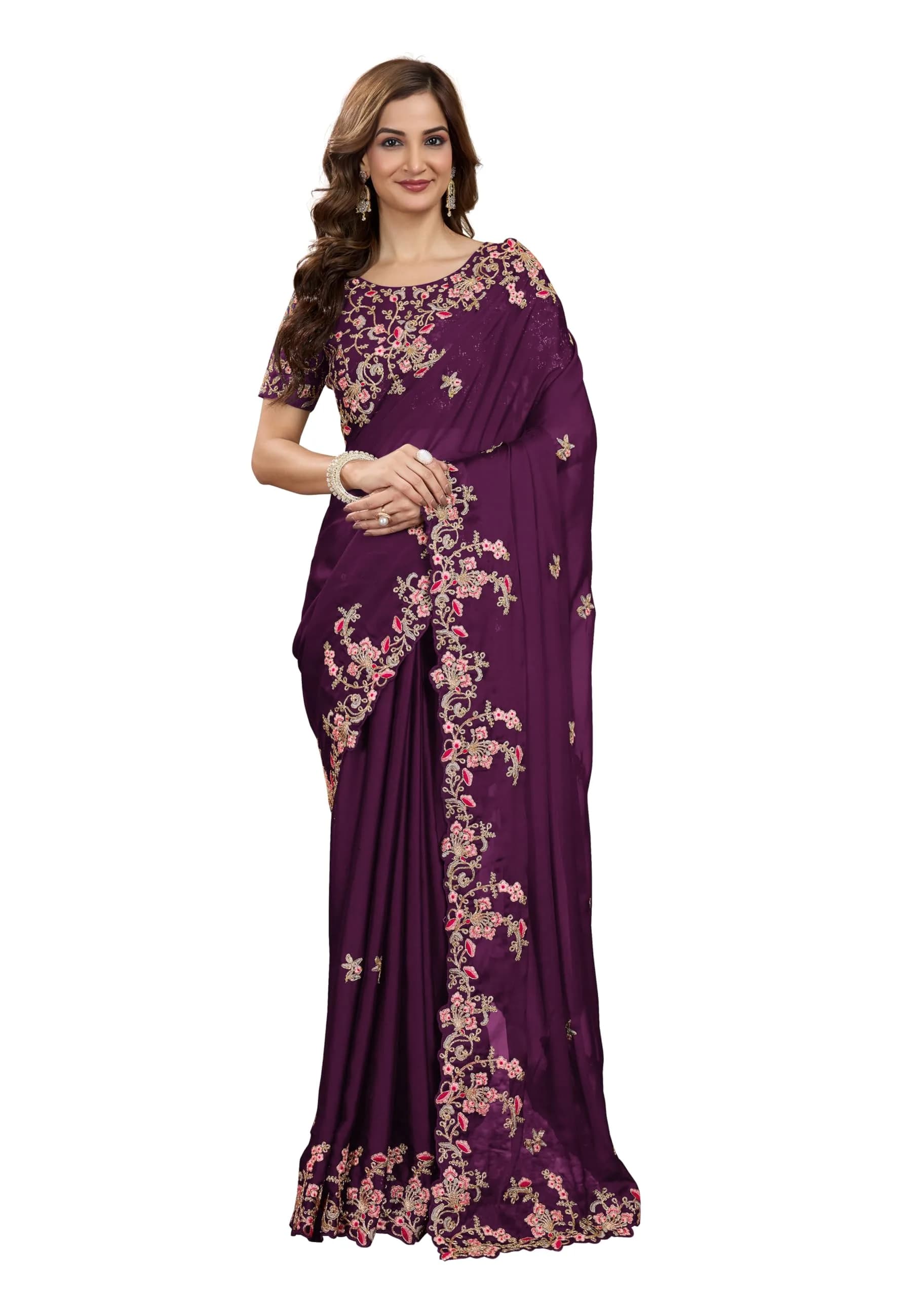 TRENDMALLS Women's Rangoli Silk Heavy Embroidered Saree with Unstitched Blouse Piece - Purple - main product image