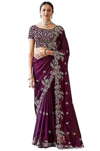 TRENDMALLS Women's Rangoli Silk Heavy Embroidered Saree with Unstitched Blouse Piece - Purple thumbnail 4
