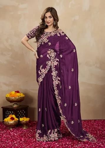 TRENDMALLS Women's Rangoli Silk Heavy Embroidered Saree with Unstitched Blouse Piece - Purple thumbnail 5