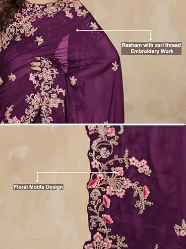 TRENDMALLS Women's Rangoli Silk Heavy Embroidered Saree with Unstitched Blouse Piece - Purple thumbnail 6
