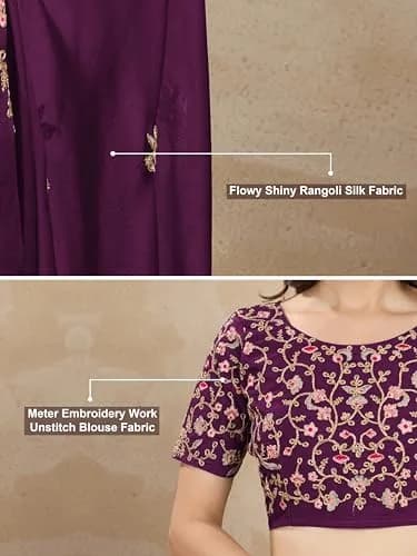 TRENDMALLS Women's Rangoli Silk Heavy Embroidered Saree with Unstitched Blouse Piece - Purple thumbnail 7