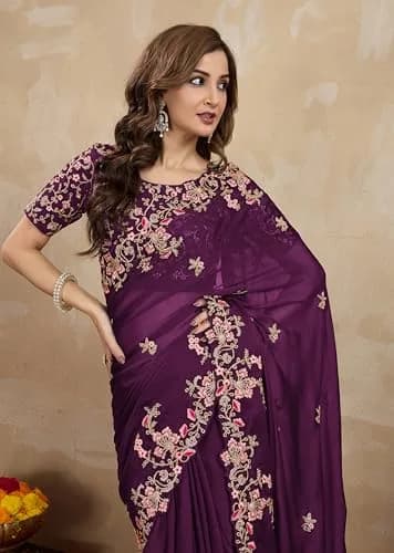 TRENDMALLS Women's Rangoli Silk Heavy Embroidered Saree with Unstitched Blouse Piece - Purple thumbnail 9