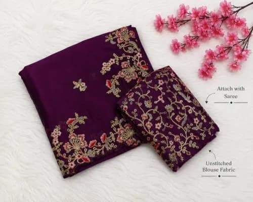 TRENDMALLS Women's Rangoli Silk Heavy Embroidered Saree with Unstitched Blouse Piece - Purple thumbnail 2