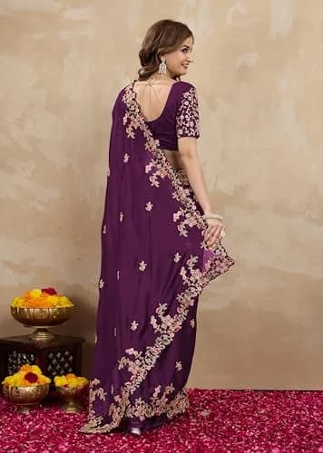 TRENDMALLS Women's Rangoli Silk Heavy Embroidered Saree with Unstitched Blouse Piece - Purple thumbnail 3