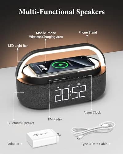 COLSUR 6-in-1 Bluetooth Speaker with Wireless Charger & LED Clock, 2500mAh Portable, Black | Modern Home Decor thumbnail 4