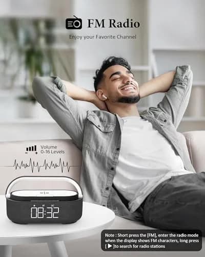 COLSUR 6-in-1 Bluetooth Speaker with Wireless Charger & LED Clock, 2500mAh Portable, Black | Modern Home Decor thumbnail 5