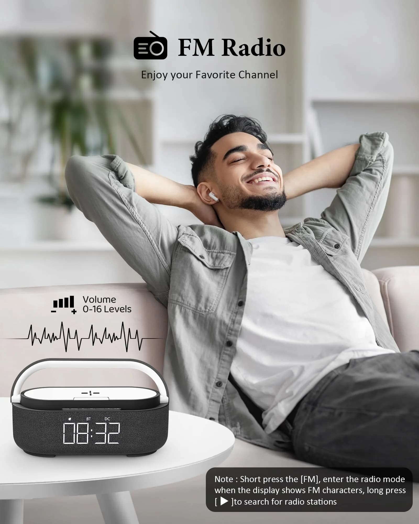 COLSUR 6-in-1 Bluetooth Speaker with Wireless Charger & LED Clock, 2500mAh Portable, Black | Modern Home Decor - view 5