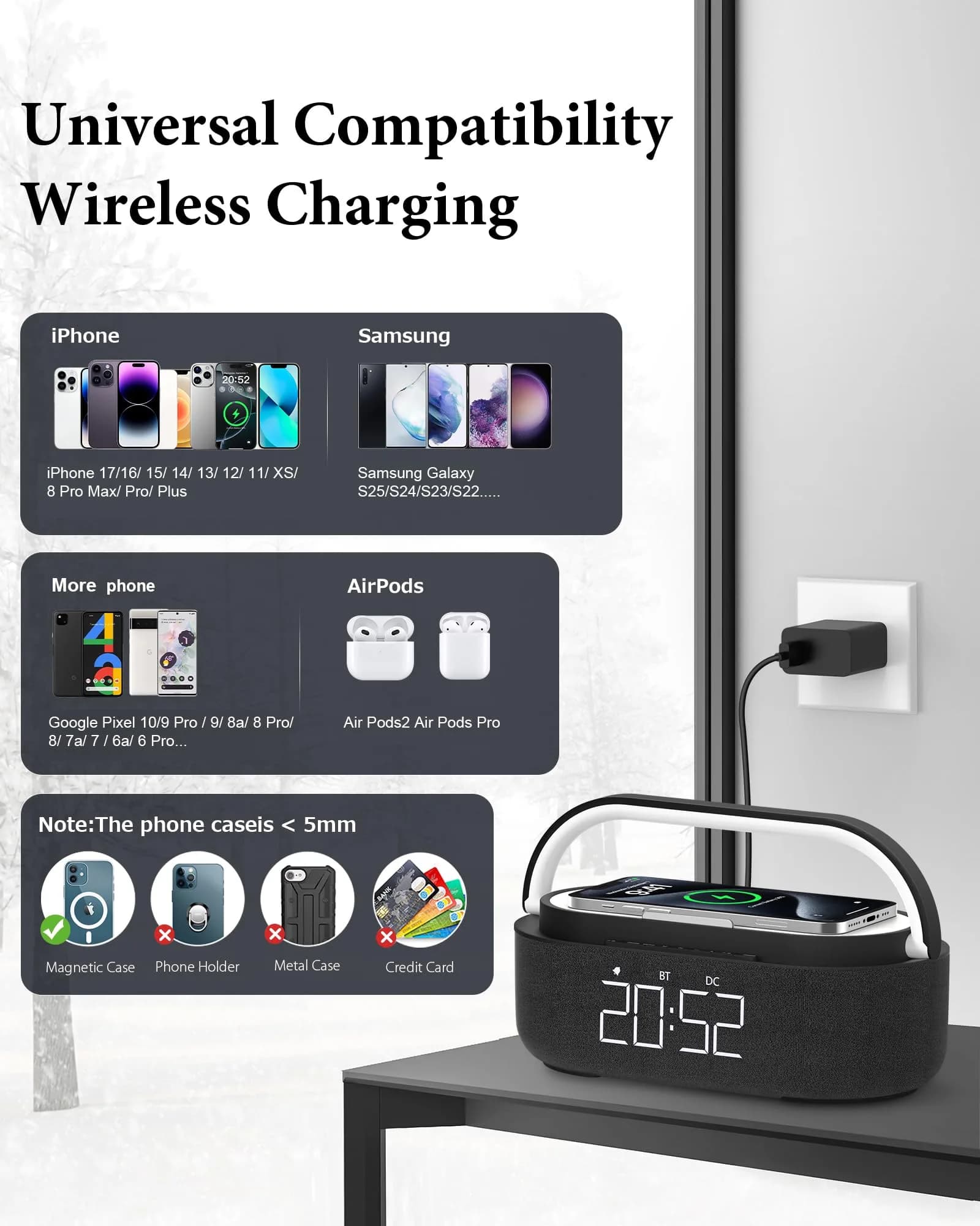 COLSUR 6-in-1 Bluetooth Speaker with Wireless Charger & LED Clock, 2500mAh Portable, Black | Modern Home Decor - view 7
