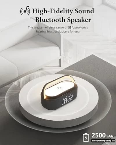 COLSUR 6-in-1 Bluetooth Speaker with Wireless Charger & LED Clock, 2500mAh Portable, Black | Modern Home Decor thumbnail 2