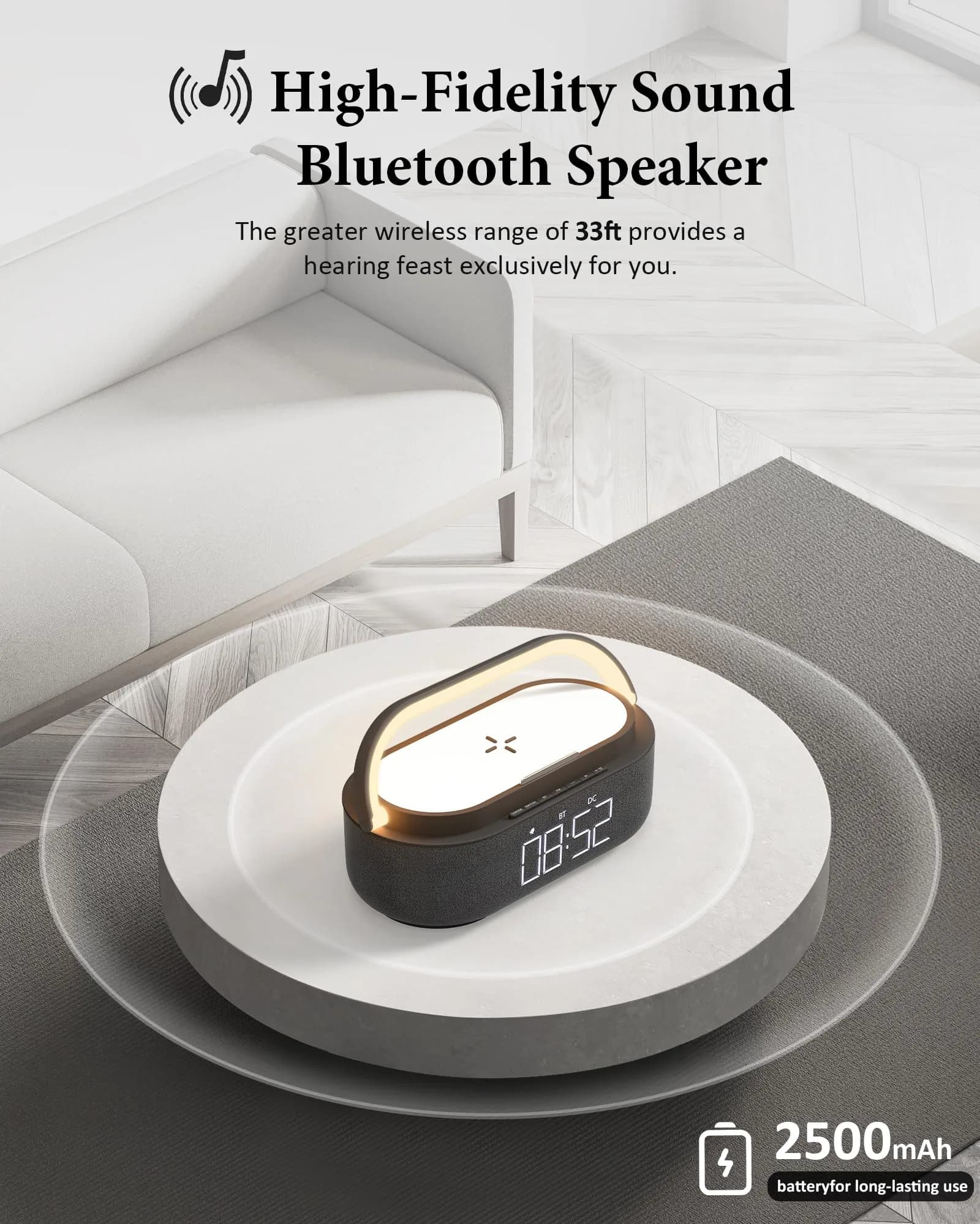 COLSUR 6-in-1 Bluetooth Speaker with Wireless Charger & LED Clock, 2500mAh Portable, Black | Modern Home Decor - view 2