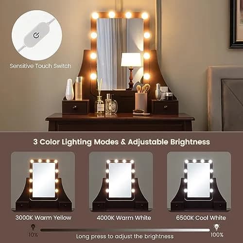 CHARMAID Makeup Vanity Desk with Lighted Mirror, 3 Color Modes, Adjustable Brightness, 3 Drawers, Removable Dividers, Bedroom Set with Stool (Espresso) | Elegant & Durable thumbnail 4