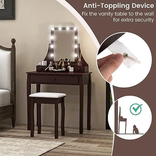 CHARMAID Makeup Vanity Desk with Lighted Mirror, 3 Color Modes, Adjustable Brightness, 3 Drawers, Removable Dividers, Bedroom Set with Stool (Espresso) | Elegant & Durable thumbnail 5