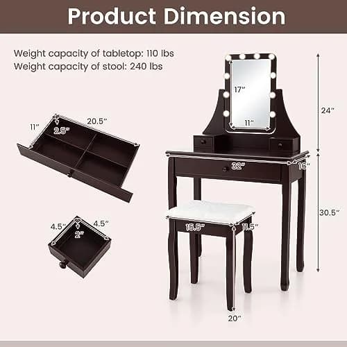 CHARMAID Makeup Vanity Desk with Lighted Mirror, 3 Color Modes, Adjustable Brightness, 3 Drawers, Removable Dividers, Bedroom Set with Stool (Espresso) | Elegant & Durable thumbnail 7