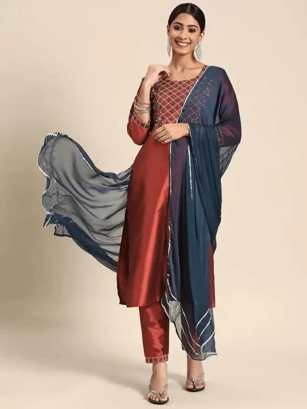 Yashika Women's Art Silk Kurta and Trousers Set with Dupatta (L, Brown) | Party & Festival Wear thumbnail 2