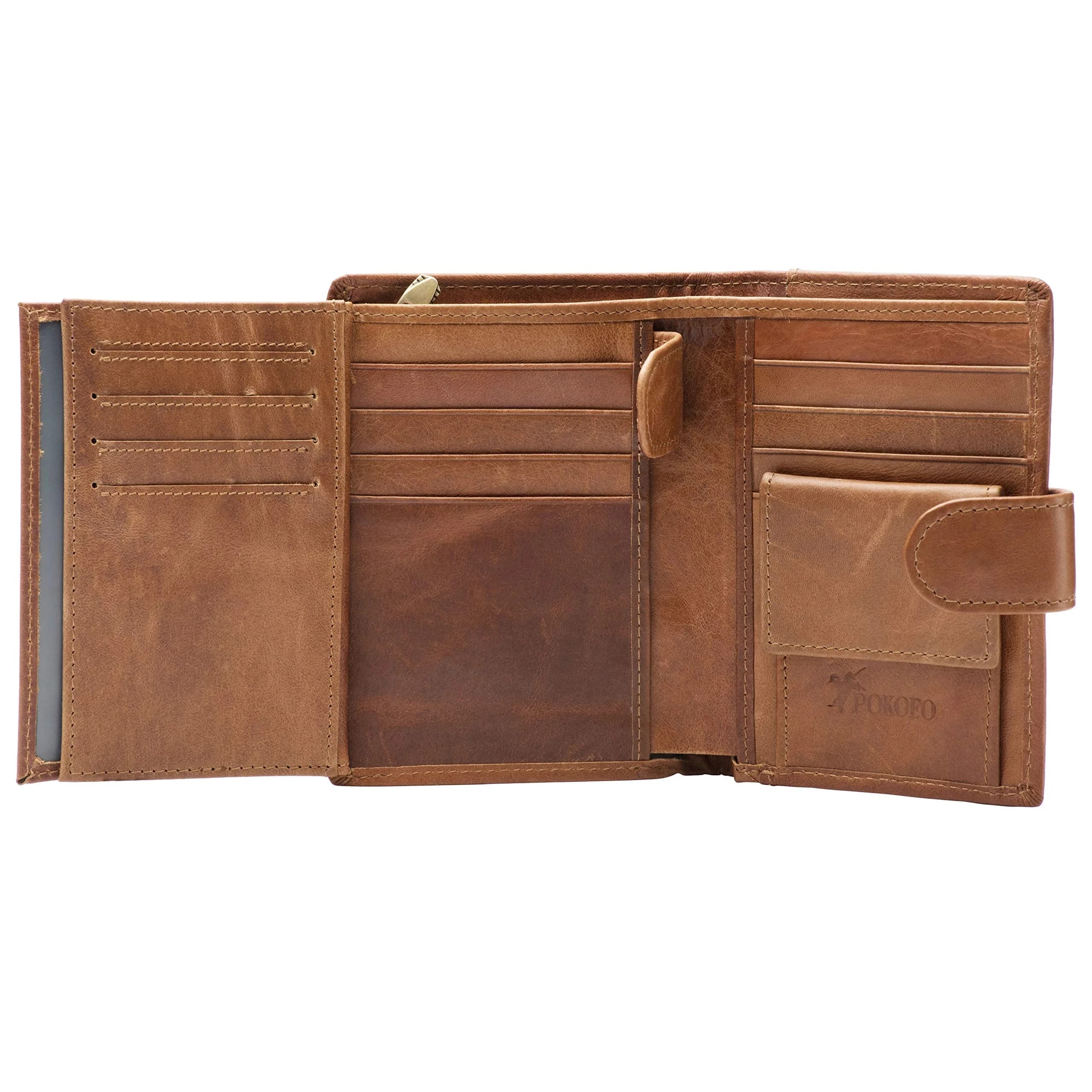 POKOFO Large RFID Genuine Leather Card Holder Trifold Wallet with Snap Closure & 3 ID Windows for Men (Brown) | 12.7cm x 10.16cm x 2.29cm — Brown Large