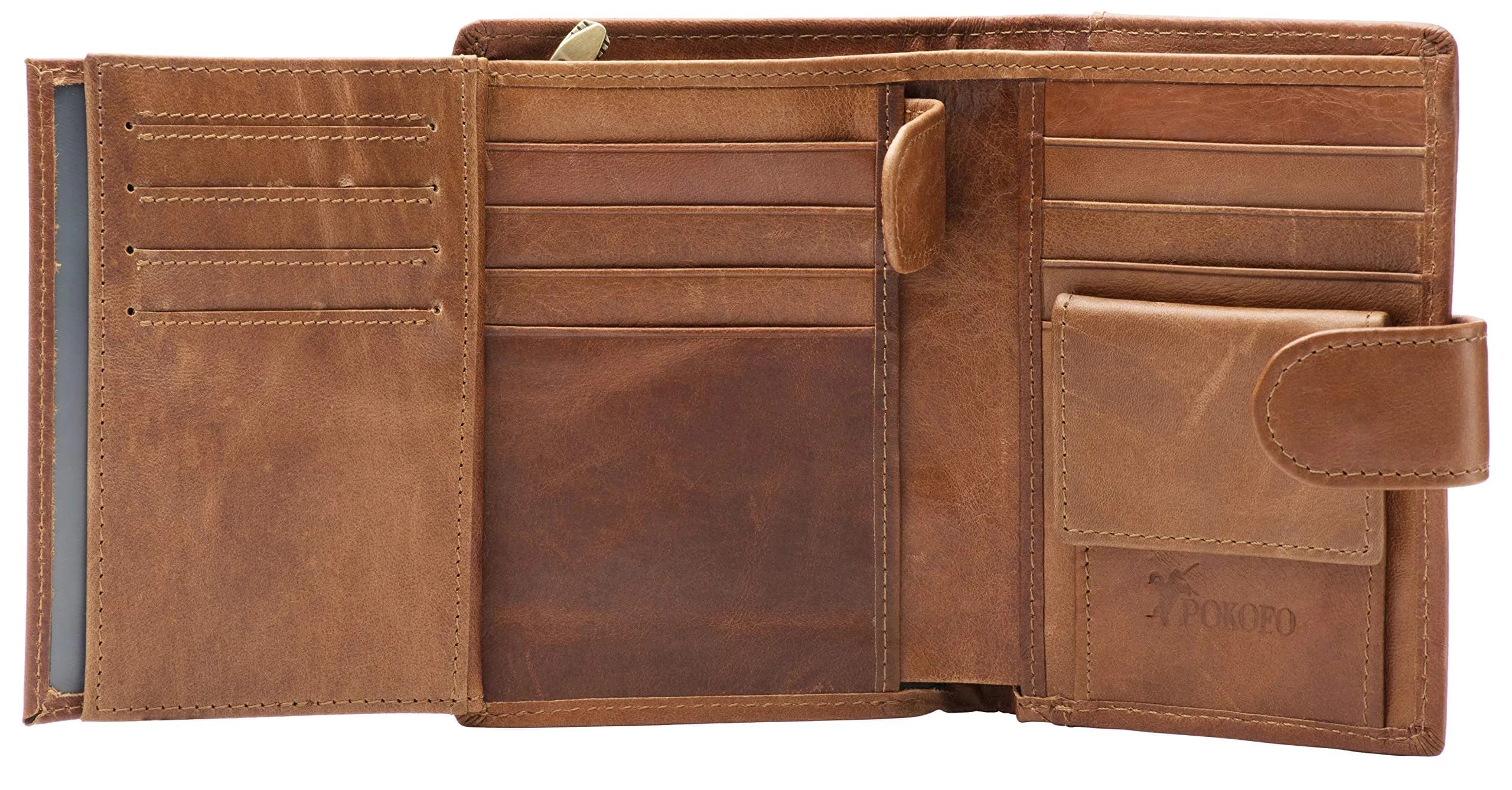 POKOFO Brown Large RFID Genuine Leather Trifold Wallet for Men | Classic Design, 14 Card Slots - main product image