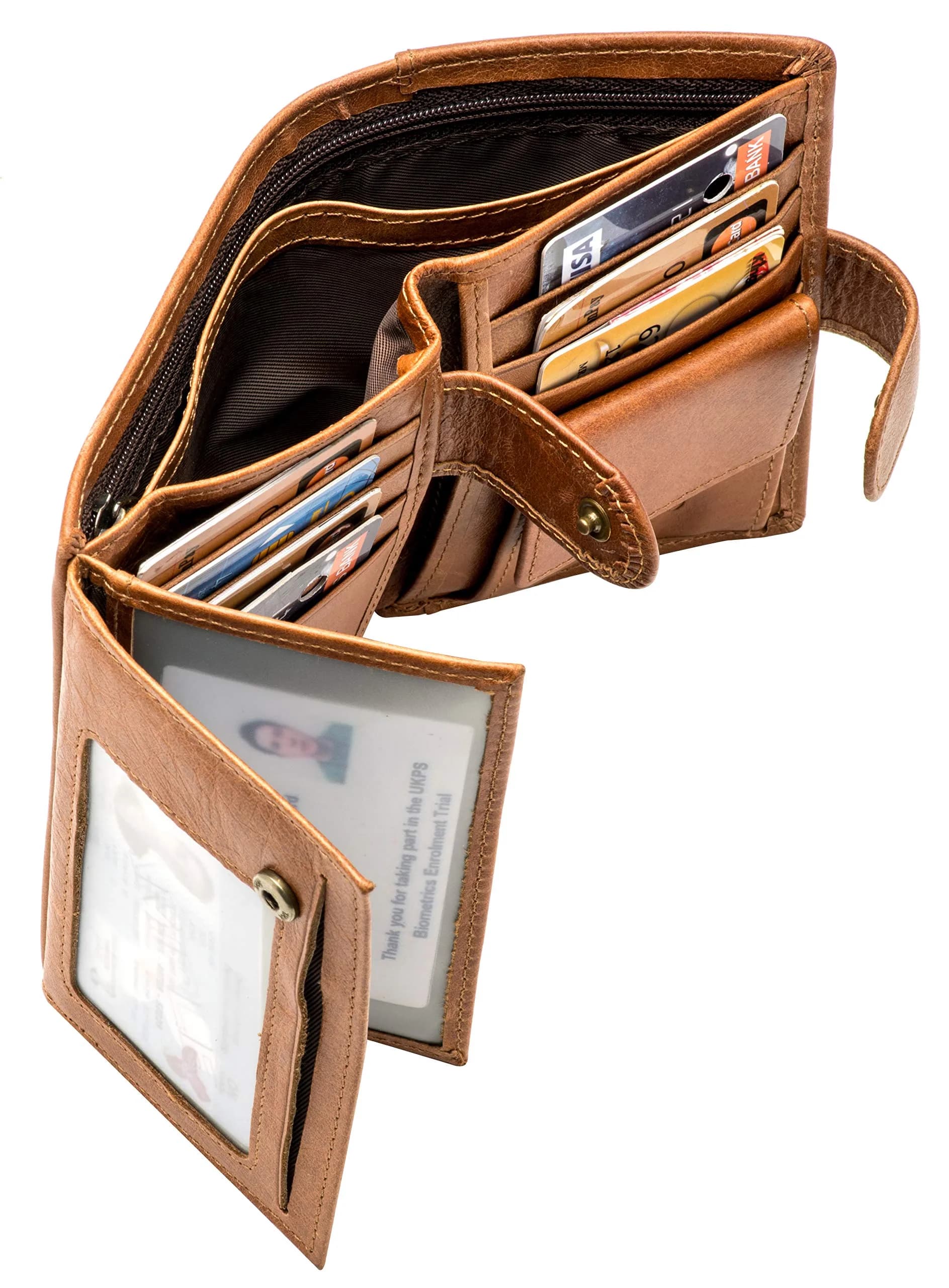 POKOFO Large RFID Genuine Leather Card Holder Trifold Wallet with Snap Closure & 3 ID Windows for Men (Brown) | 12.7cm x 10.16cm x 2.29cm - view 5