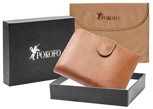 POKOFO Large RFID Genuine Leather Card Holder Trifold Wallet with Snap Closure & 3 ID Windows for Men (Brown) | 12.7cm x 10.16cm x 2.29cm thumbnail 6