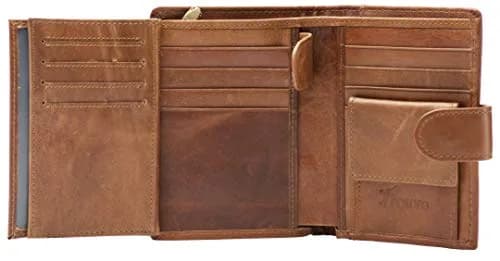 POKOFO Large RFID Genuine Leather Card Holder Trifold Wallet with Snap Closure & 3 ID Windows for Men (Brown) | 12.7cm x 10.16cm x 2.29cm thumbnail 1