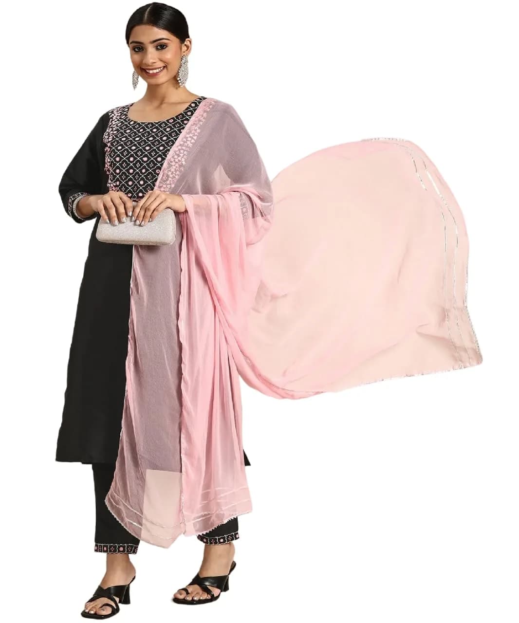 Yashika Women's Art Silk Kurta and Trousers Set with Dupatta (Black, M) | Party & Festival Wear — Black