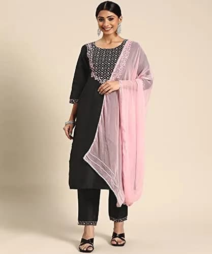 Yashika Women's Art Silk Kurta and Trousers Set with Dupatta (Black, M) | Party & Festival Wear thumbnail 2