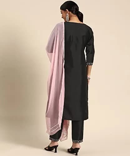 Yashika Women's Art Silk Kurta and Trousers Set with Dupatta (Black, M) | Party & Festival Wear thumbnail 3