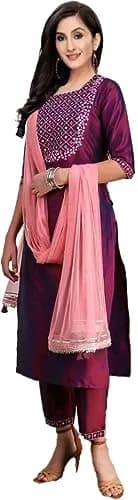Yashika Women's Art Silk Kurta and Trousers Set with Dupatta (L, Purple) | Party & Festival Wear thumbnail 2