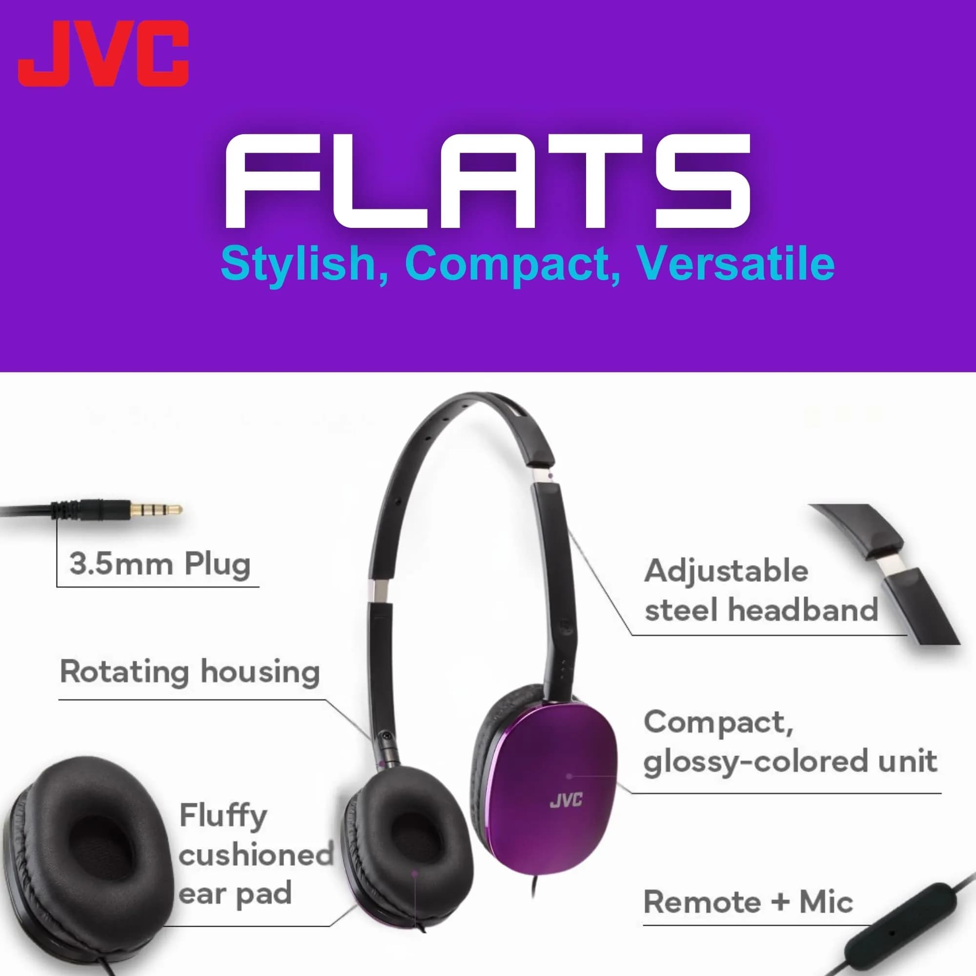JVC Flats Violet On-Ear Foldable Headphones with Mic and Remote - view 2