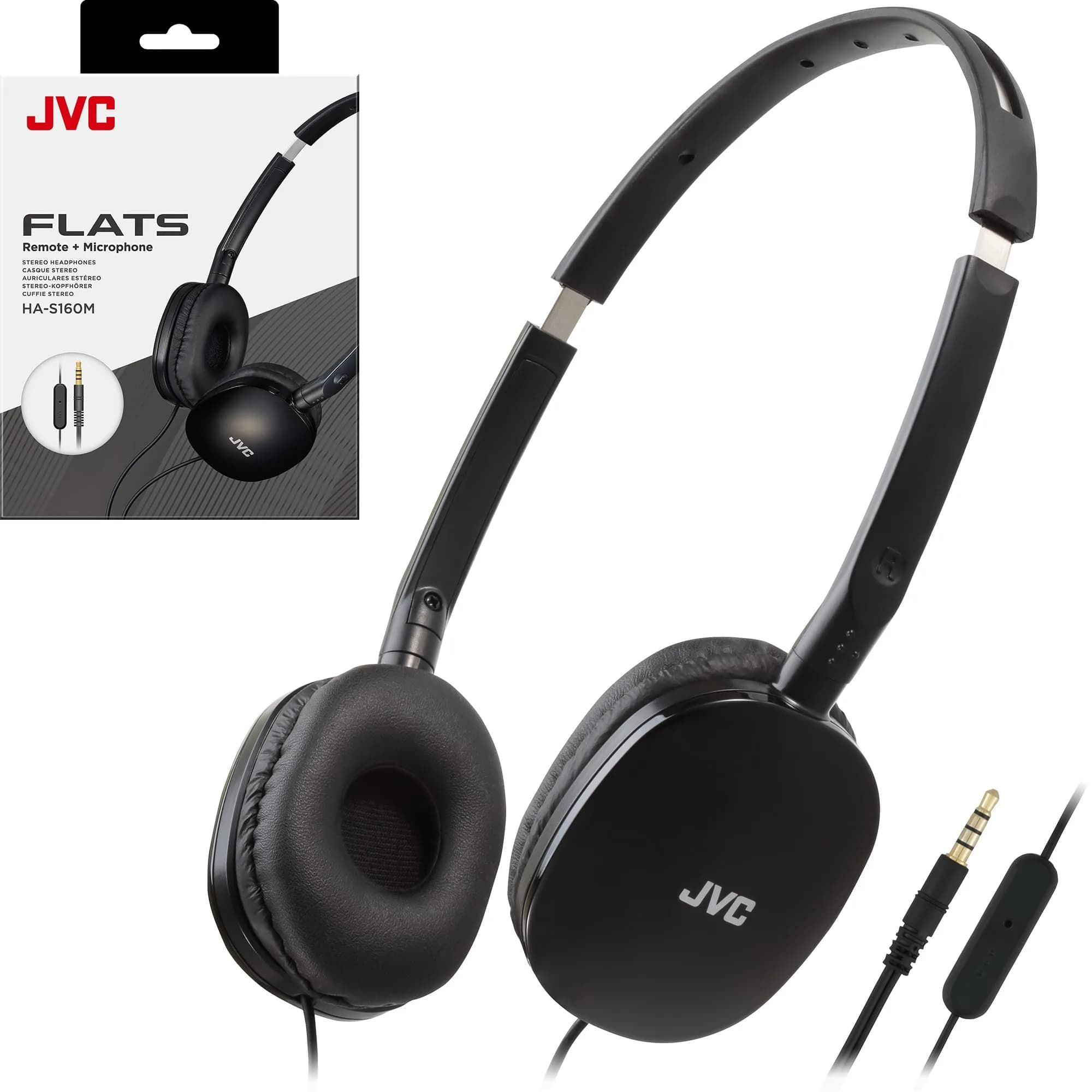 JVC Flats Foldable On-Ear Headphones with Mic & Remote, 30mm Drivers, Adjustable Black | Wired Headset for Calls & Music - main product image