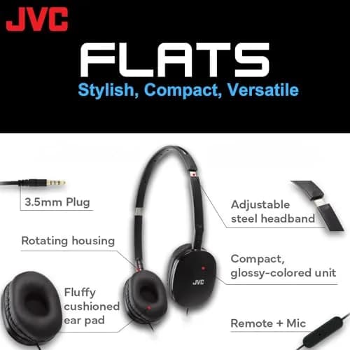 JVC Flats Foldable On-Ear Headphones with Mic & Remote, 30mm Drivers, Adjustable Black | Wired Headset for Calls & Music thumbnail 2