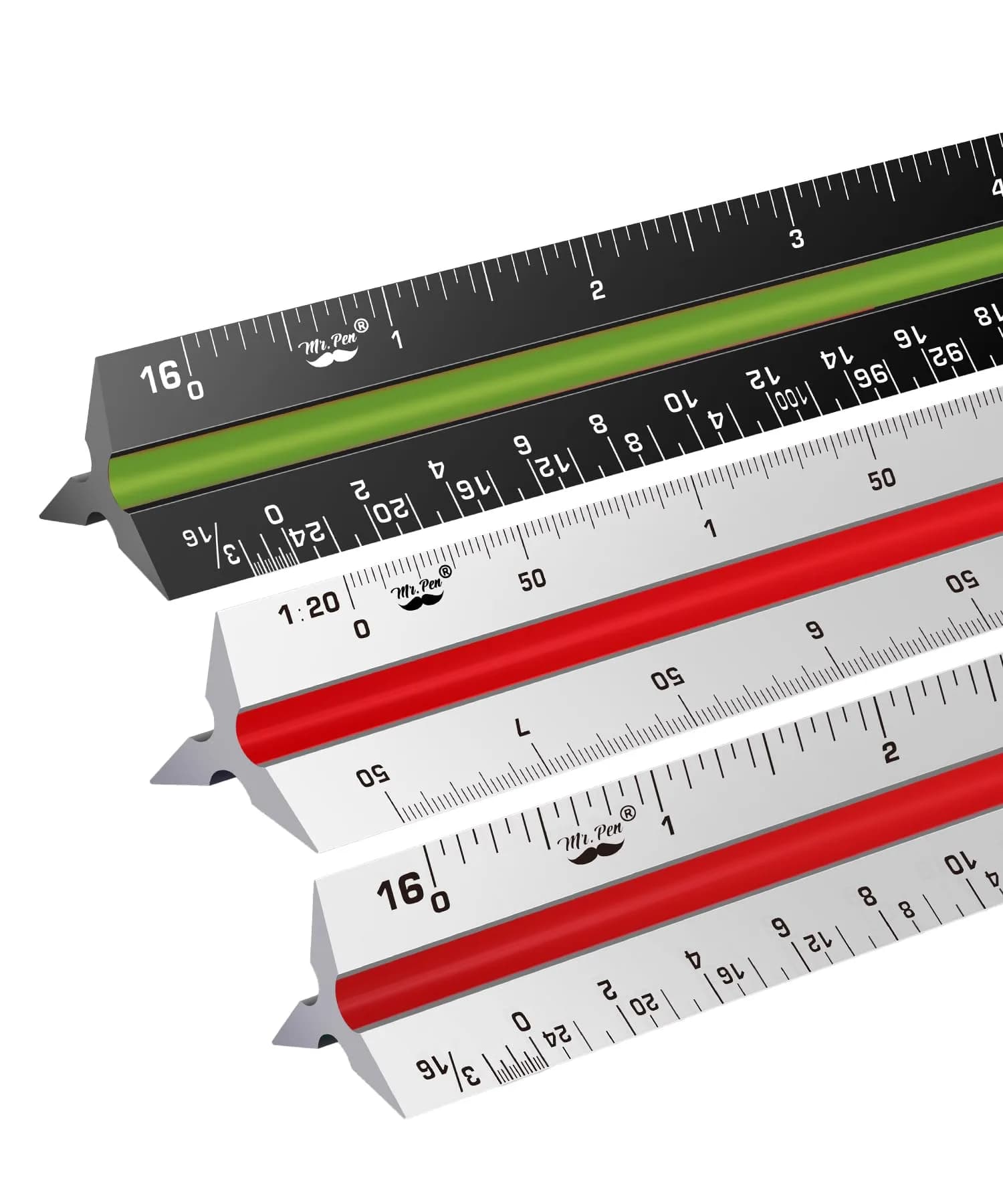 Mr. Pen Architectural Scale Ruler 12 Inch (30 cm) 3-Pack | Precision Drafting Tool for Architects & Engineers — Black & Silver
