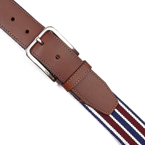 Nautica Mens Stripe Stretch Webbing Belt | Elastic | Leather Tab | Adjustable | Classic | Everyday | Business | Work | Casual | Metal Buckle - Navy/Red, Large thumbnail 5