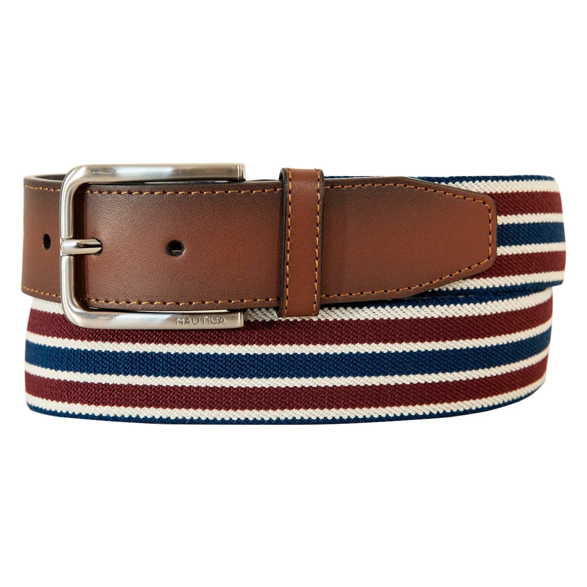 Nautica Mens Stripe Stretch Webbing Belt | Elastic | Leather Tab | Adjustable | Classic | Everyday | Business | Work | Casual | Metal Buckle - Navy/Red, Large — Stretch Webbing - Navy/Red