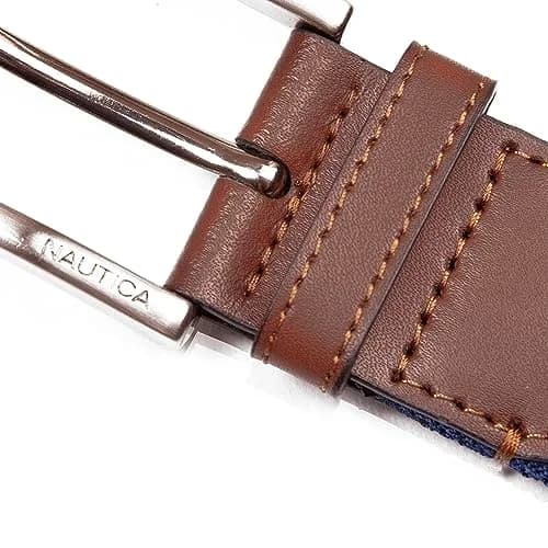 Nautica Mens Stripe Stretch Webbing Belt | Elastic | Leather Tab | Adjustable | Classic | Everyday | Business | Work | Casual | Metal Buckle - Navy/Red, Large thumbnail 3