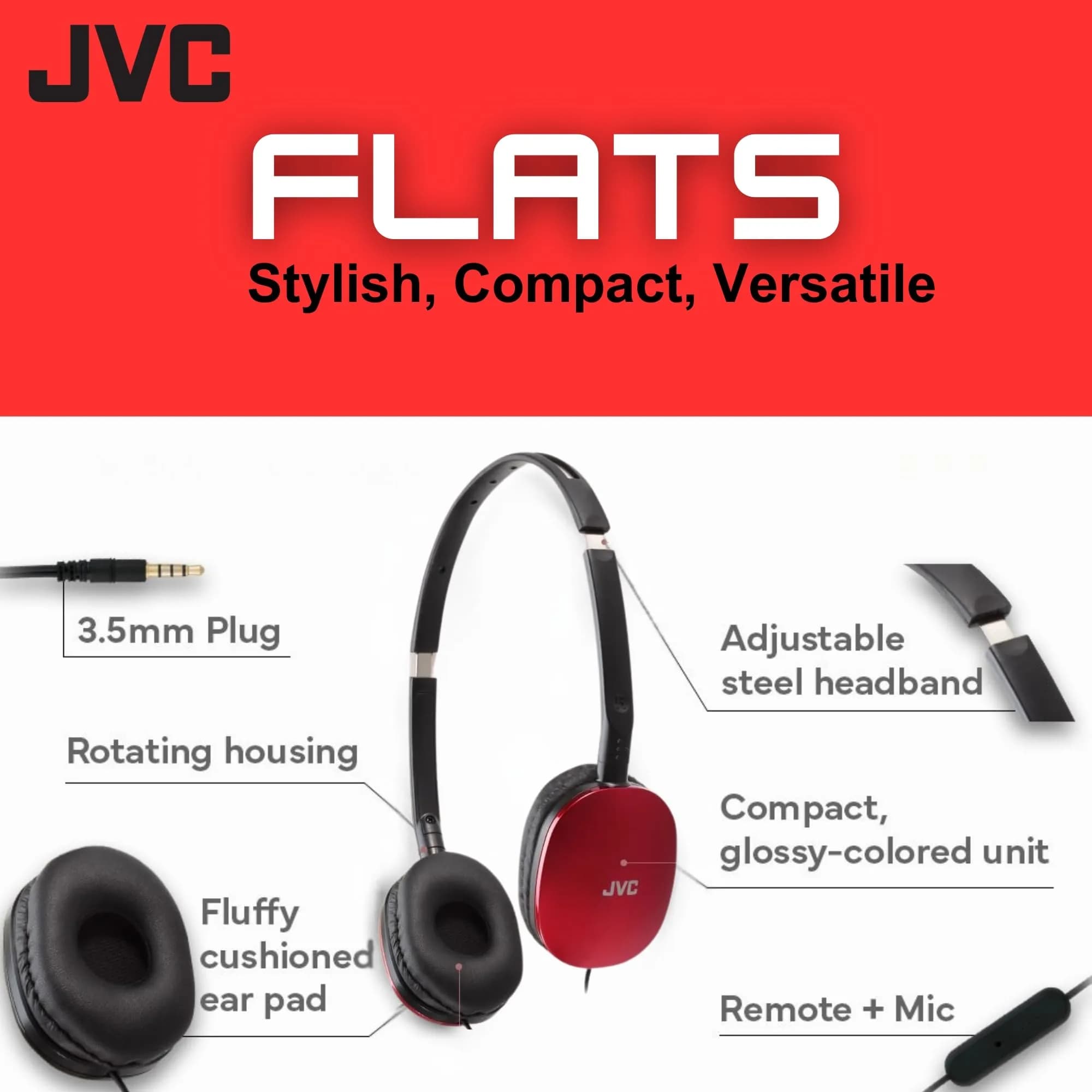 JVC Flats Foldable Red On-Ear Headphones with Mic & Remote, 30mm Drivers, Adjustable - view 2