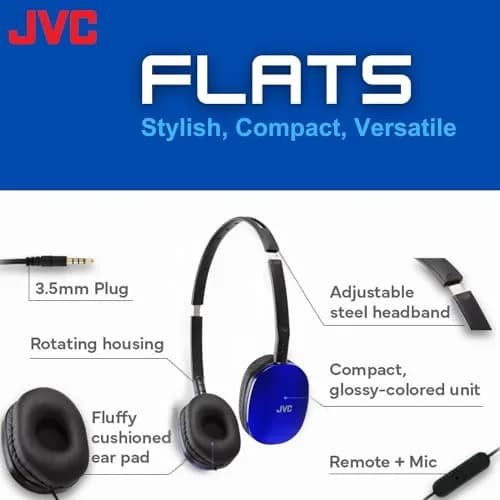 JVC HAS160MA Blue Flat Foldable On-Ear Headphones with Mic & Remote | 30mm Dynamic Drivers, 1.2m (3.94ft) Cable thumbnail 2