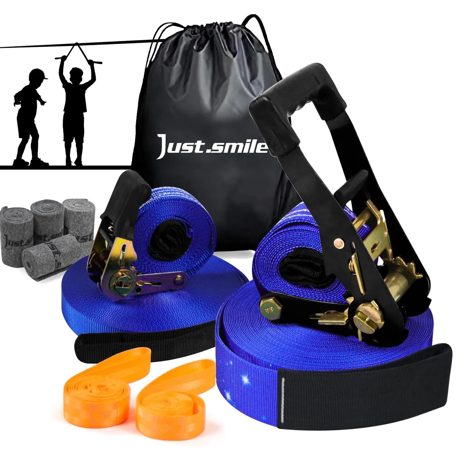 Just.smile 60ft Slackline Kit with Tree Protectors, Training Straps & Carry Bag | 2-inch Main Line, 440lb Capacity — Blue60ft
