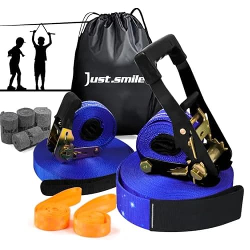 Just.smile 60ft Slackline Kit with Tree Protectors, Training Straps & Carry Bag | 2-inch Main Line, 440lb Capacity thumbnail 1