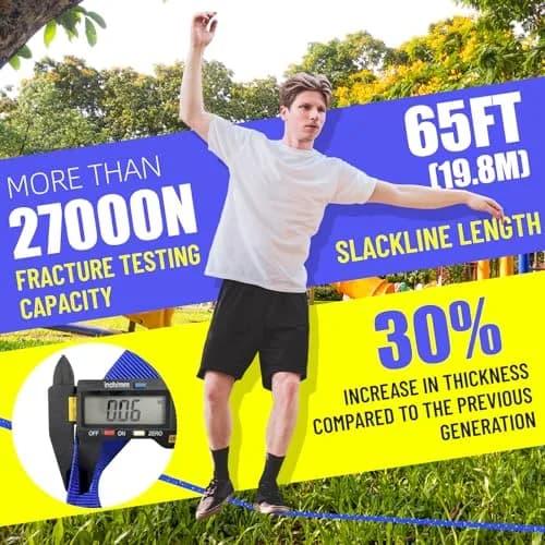 Just.smile 60ft Slackline Kit with Tree Protectors, Training Straps & Carry Bag | 2-inch Main Line, 440lb Capacity thumbnail 4