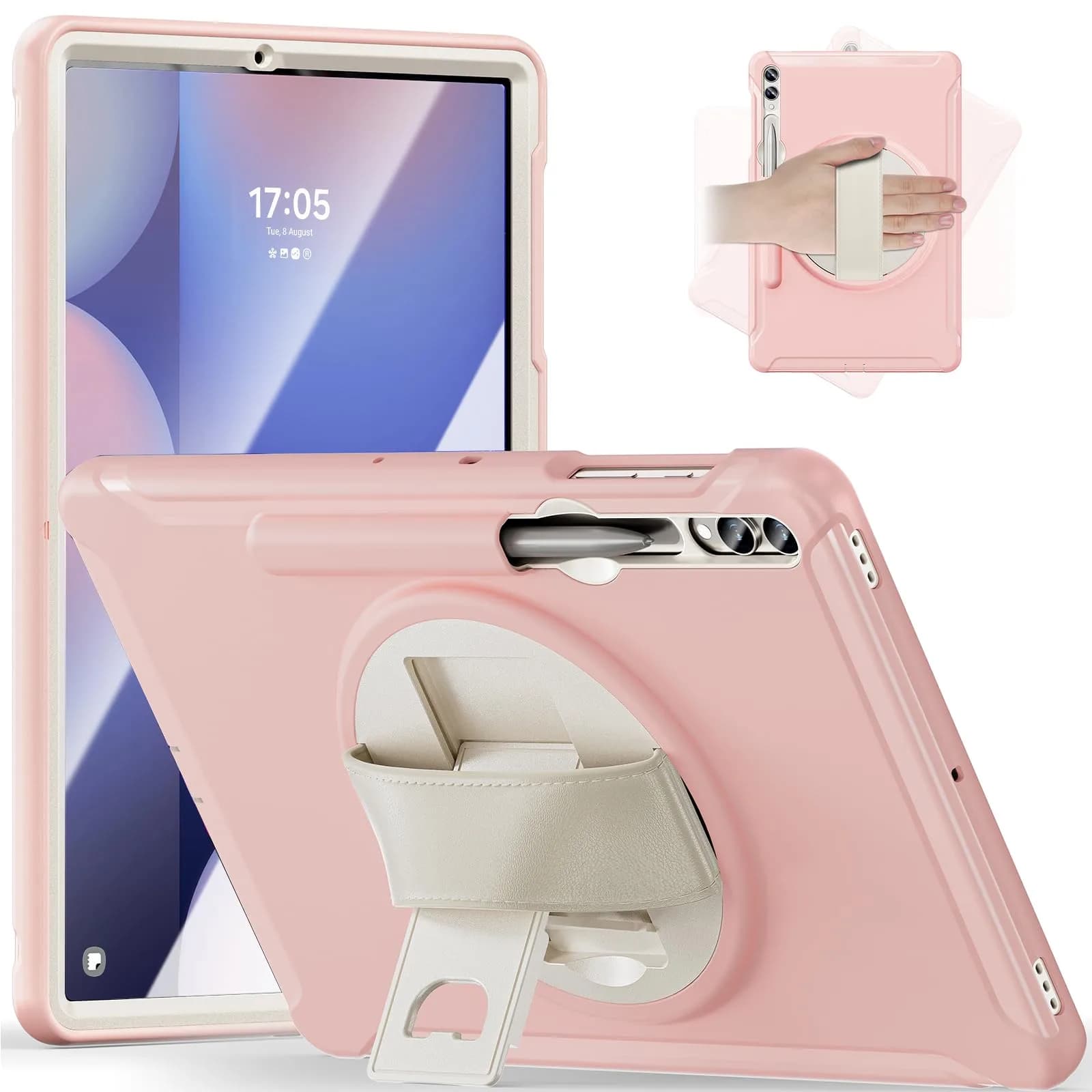 Junfire Protective Case for Samsung Galaxy Tab S9 Plus/S8 Plus/S7Plus/S7FE/S9 FE Plus | 12.4'' Tablet Cover with Kickstand & Stylus Holder — Pink