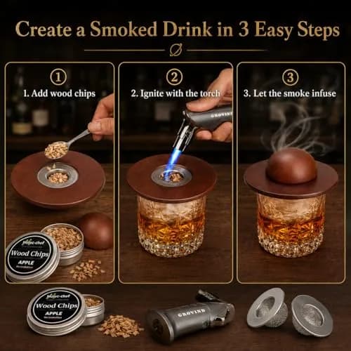 Grovind Cocktail Smoker Kit with Torch & Wood Chips | Stainless Steel & Wood thumbnail 6