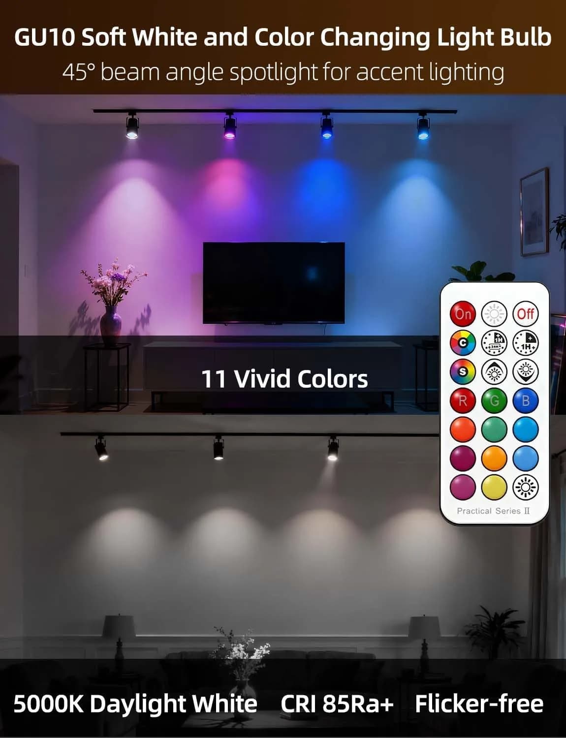 ILC GU10 LED Light Bulb, 5W Color Changing RGB + 5000K Daylight White, 450 Lumens, 45° Beam Angle, Pack of 4 | Dimmable Smart Lighting - view 4