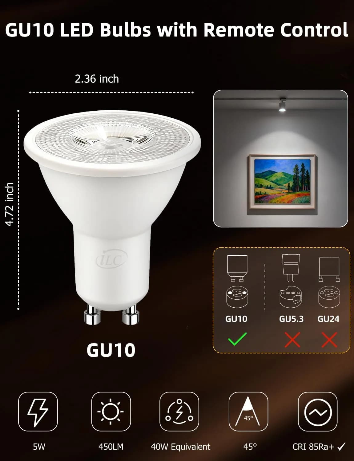 ILC GU10 LED Light Bulb, 5W Color Changing RGB + 5000K Daylight White, 450 Lumens, 45° Beam Angle, Pack of 4 | Dimmable Smart Lighting - view 8